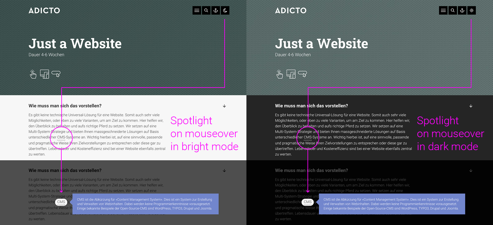 Glossar-Spotlight Drupal-Modul in bright mode und dark mode