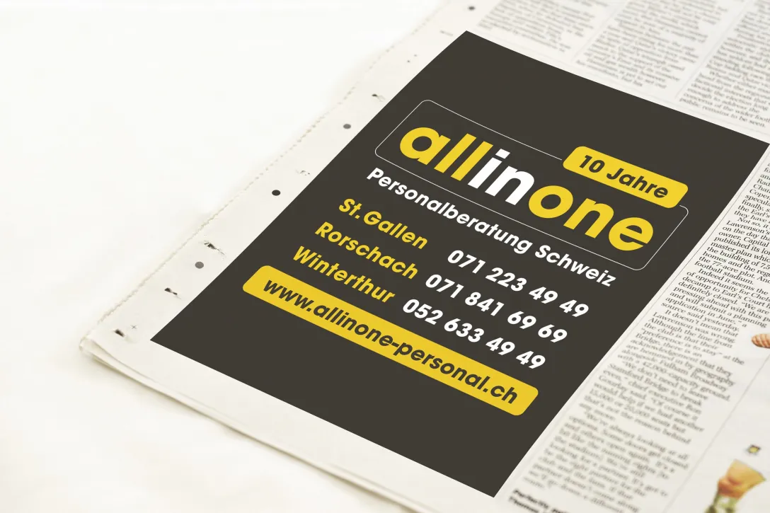 Zeitungsinserat Jubiläumsjahr, Standorte, Kontakt und Domain