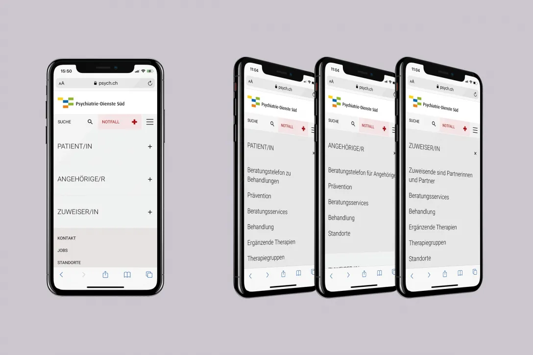 Hauptnavigation, abweichende User Journey, Einsatz angepasster Formulierungen für Zielgruppen