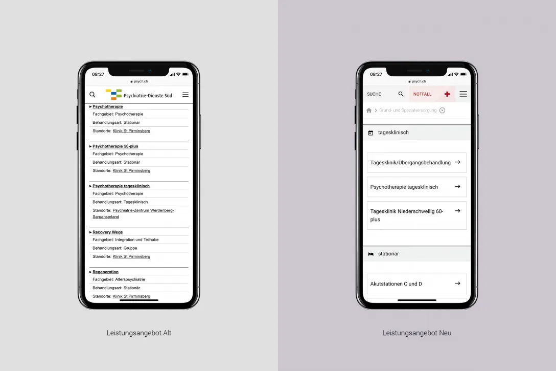 Design-Vergleich vom Leistungsangebot, überarbeitete Inhalte