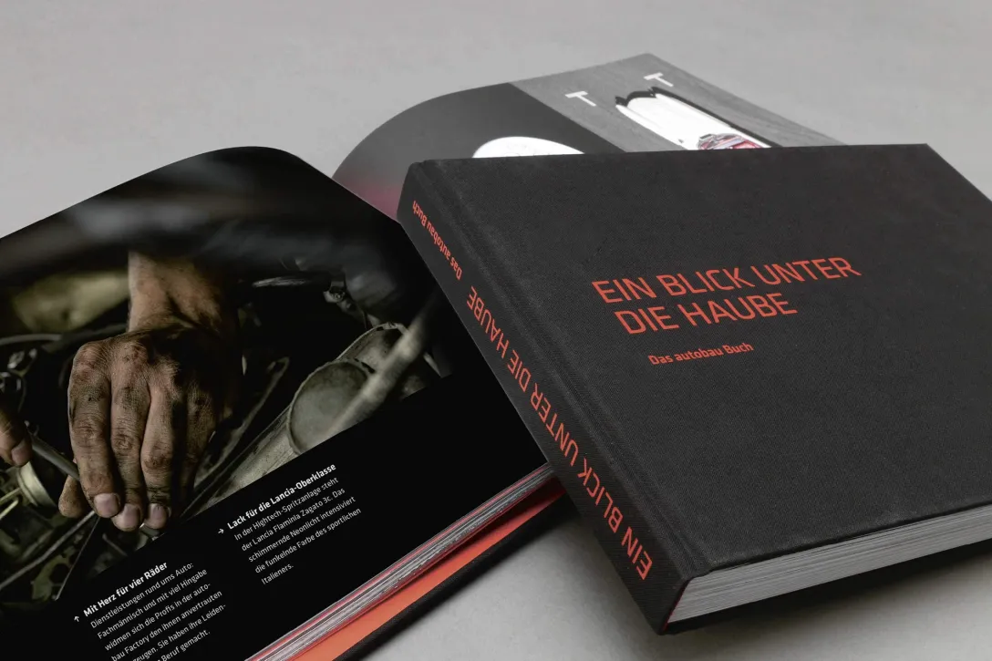 Exklusiv, Layout, Design, Umschlag, Buchdeckel, unter der Haube, Das Autobau Buch