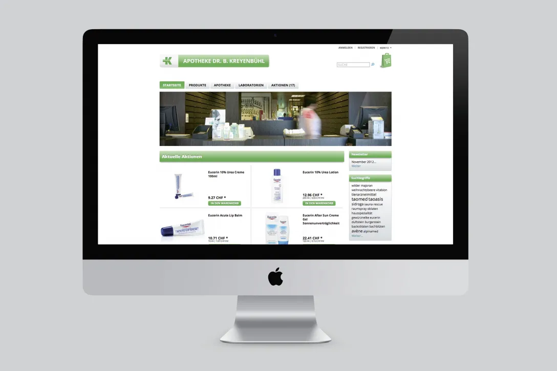 eShop Apotheke Dr. B. Kreyenbühl, Technische Überarbeitung, Entwicklung, B2B-Bereich, Arbon, Detail-Modifikationen, Template, Umsetzung, Statistik-Funktionen, Suchmaschinen-Optimierung