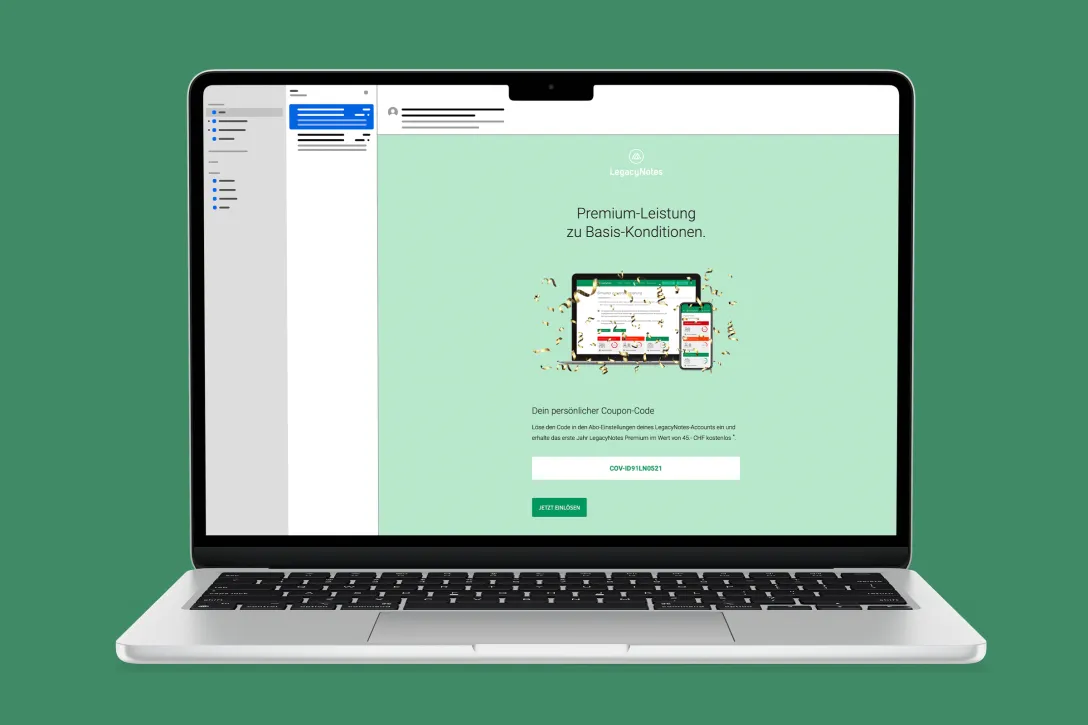 Legacy Notes, MacBook Air, Mockup, Newsletter, E-Mail Automation, Vorderansicht, Grün, Postfach