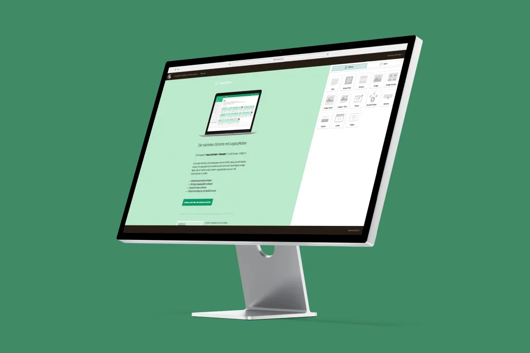 Legacy Notes, iMac, Studio Display, Mockup, Newsletter, E-Mail Automation, Builder, Grün, Desktop, Applikation