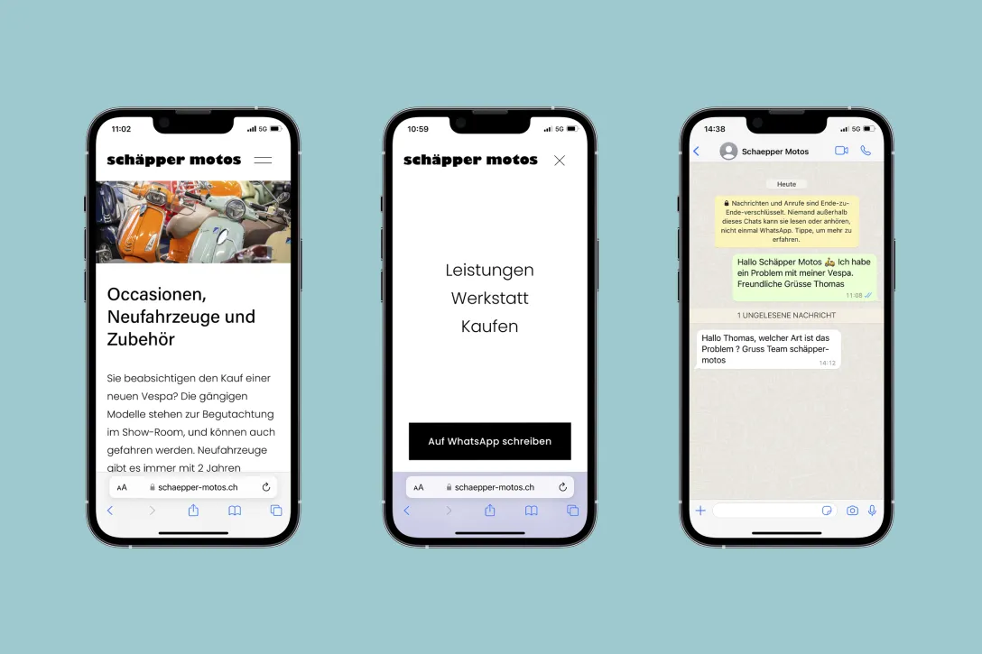 Startseite, Homepage, Detailseite, Navigation, Menü, WhatsApp Messenger, Nachricht, Problem
