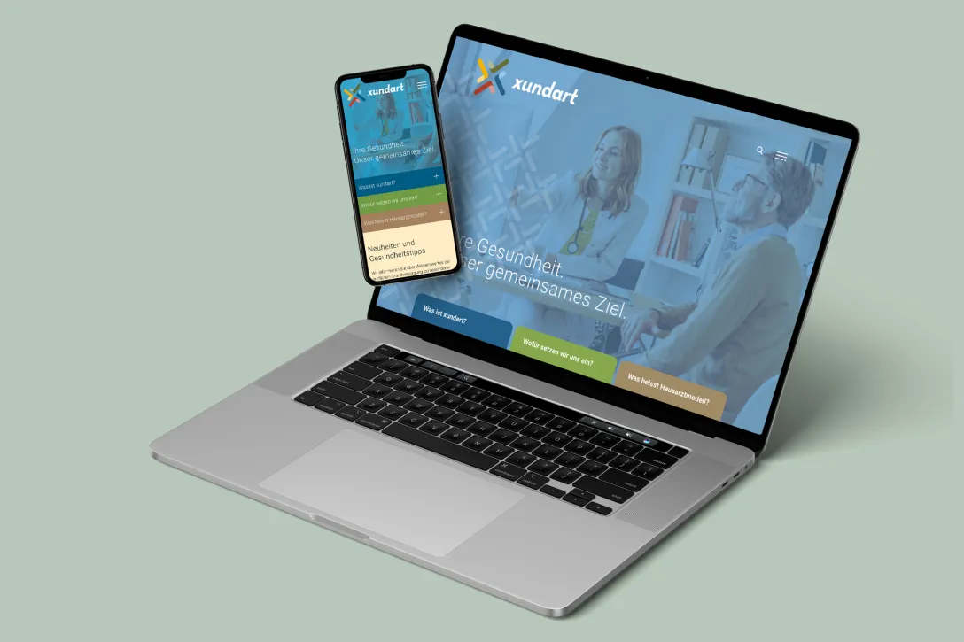 Desktop, Smartphone, Responsive-Website, Startseite, Hero-Banner, Ärzte-Netzwerk, Bild mit Behandlungs-Situation, farbig