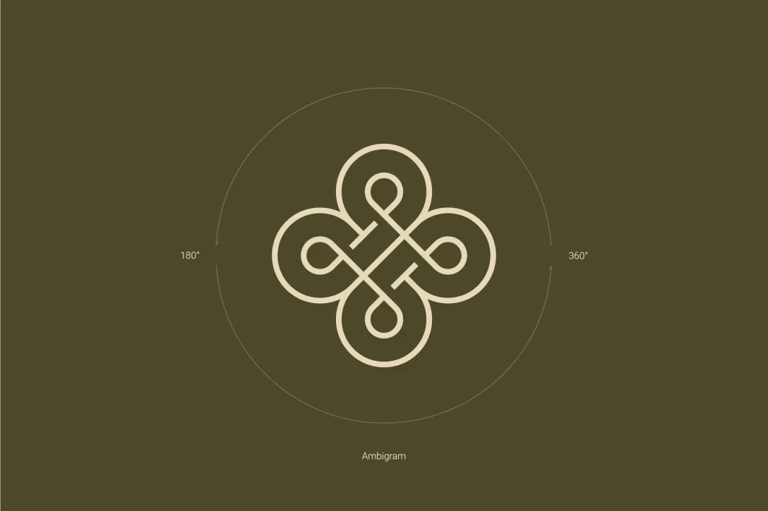 Symmetrisches Ambigramm mit verschlungenem Knotenmotiv, rotationsfähiges Kanzlei-Logo als zentrales Element der Markenidentität