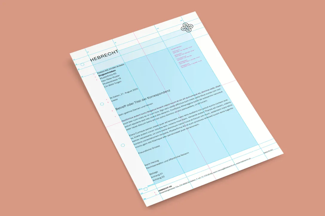 Briefbogen mit klarer Typografie, Rasterlinien und Kanzlei-Logo, strukturierte Korrespondenzvorlage im Corporate Design