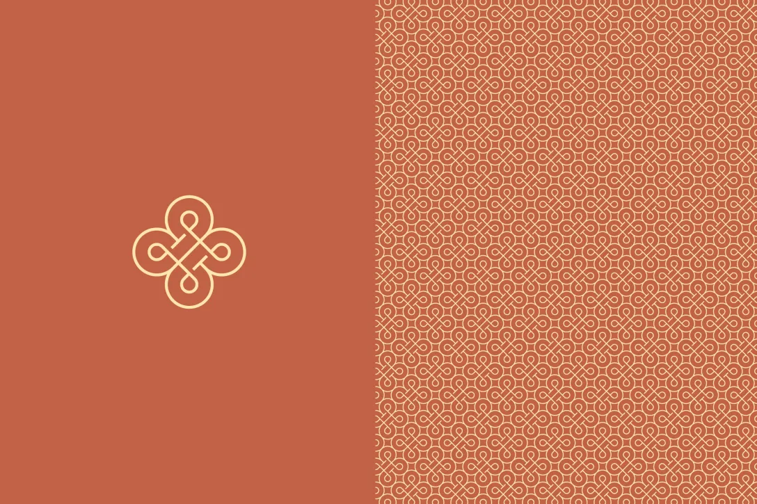Ornamentales Muster mit verschlungenem Knotenmotiv in Gold auf warmem Farbgrund, grafisches Branding-Element der Kanzlei
