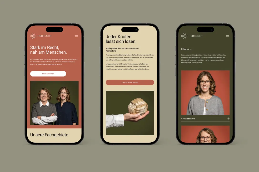 Mobile Website der Kanzlei Hebrecht mit responsivem UI, klarer Typografie, Farbkonzept und integrierter Bildsprache