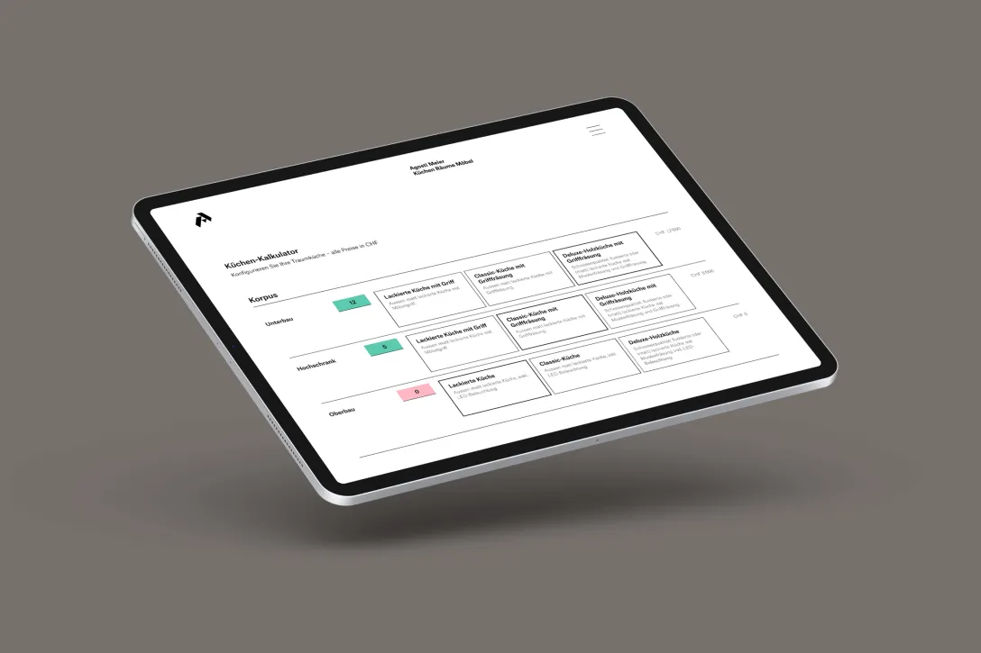 Küchen-Kalkulator, App, Webapplikation, Tablet, iPad, reduziertes UI, einfache Anwendung, effizientes Handling, zuverlässige Kalkulation