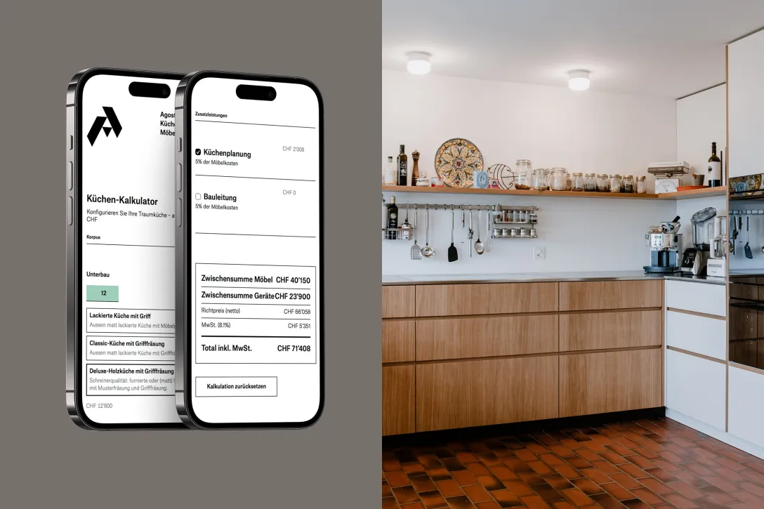 Webapplikation Kalkulator für Küchen, Smartphone, iPhone, Responsive UI, Mobile-optimierte Benutzeroberfläche