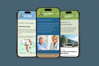Smartphones, Mobile-Website, Responsive-Website, verschiedene Screens und Ansichten, Startseite, Hero-Banner, Ärzte-Netzwerk